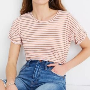 Madewell whisper cotton tee greywood stripe white pink brown L
